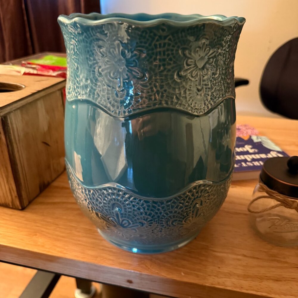 Bathroom Ceramic Trash Can & Toothbrush Holder Set Teal Bath Accessories Powder - Picture 2 of 11